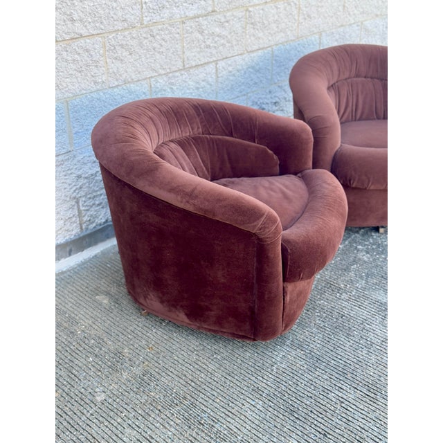 Postmodern Pair of Vintage 1970s Chocolate Brown Velvet Barrel Club Chairs With Ruched Backs For Sale - Image 3 of 12