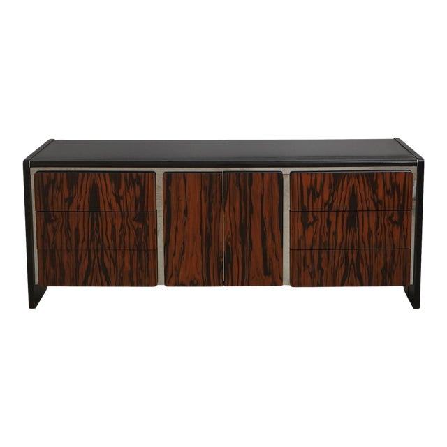 John Stuart Mid-Century Modern Ebony Chrome and Wood Dresser With Mirror For Sale
