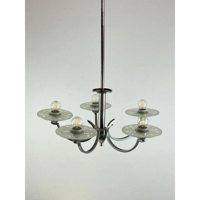 5 -light metal and glass chandelier, Italy, 1940s Found in a noble apartment. Intact glass, small injury on the stem....