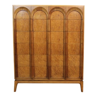 Mid 20th Century Thomasville Mid-Century 'Arched' 6-Drawer Highboy Dresser in Walnut & Burl For Sale