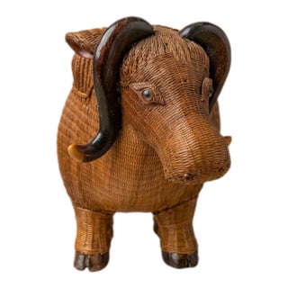 Vintage Woven Rattan Buffalo Figurine For Sale