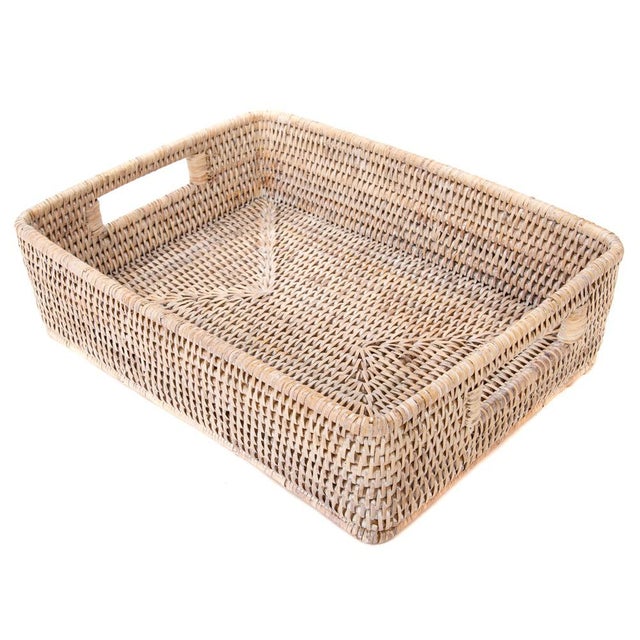 Boho Chic Artifacts Rattan Rectangular Storage Basket with Rounded Corners in White Wash - 14" For Sale - Image 3 of 8