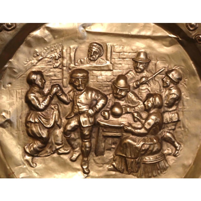 Pair of 19th Century French Repoussé Copper Tavern Scene Wall Chargers For Sale - Image 9 of 12