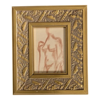 1940’s Original Deco Female Nude Sepia Drawing Ornate Gold Frame For Sale