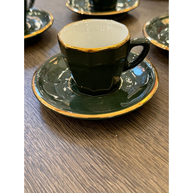 Late 20th Century Late 20th Century Apilco Green + Gold Bistroware Demitasse Cups + Saucers, Set of Ten For Sale - Image 5 of 12