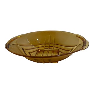 Antique 1920-1930s Stolzle Czech/Austria Art Deco Geometric Amber Pressed Glass Handle Bowl For Sale