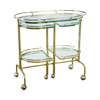 Brass & Glass Directoire Style Trolly Bar Cart With Swing Out Shelves For Sale