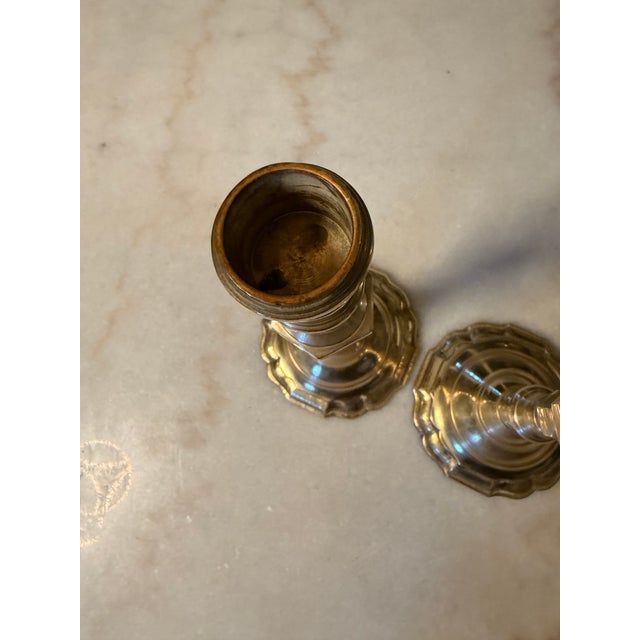 1950s Vintage Solid Brass Taper Candlesticks 9.25” Tall - 4” Scalloped Bases - Pair For Sale - Image 5 of 11