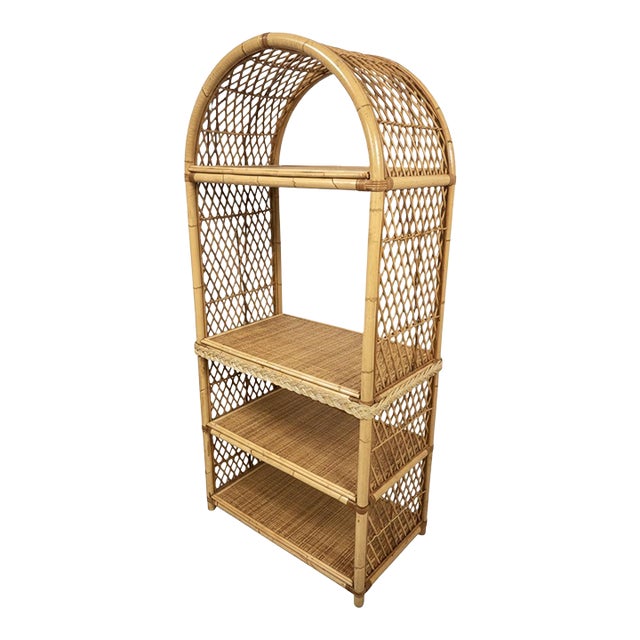 Vintage Mid-Century Arched Bamboo and Rattan Three-Tier Etagere / Bookshelf For Sale