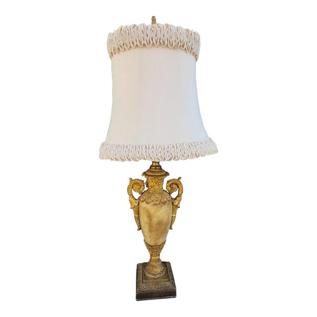 John Richard Antiqued Gilt Ornate Plaster Trophy Table Lamp With Original Silk Shade For Sale