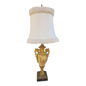 John Richard Antiqued Gilt Ornate Plaster Trophy Table Lamp With Original Silk Shade