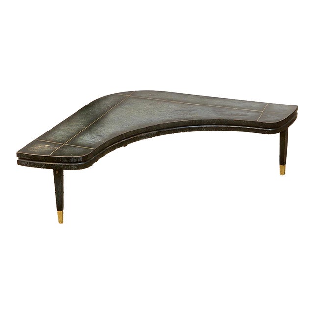 Mid 20th Century Curved Black Cerrused Distressed Coffee Table With Brass Accents For Sale