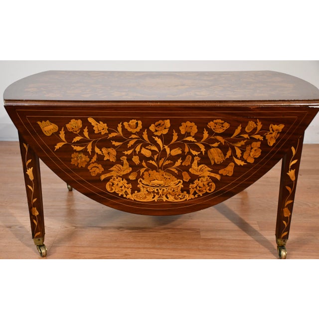 1900s Antique Dutch Marquetry Mahogany Pembroke Drop-Leaf Coffee Table For Sale - Image 10 of 16