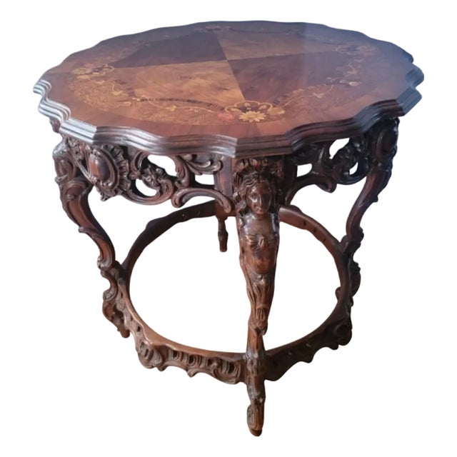 Vintage Carved Round Wood French Accent Table Figural With Floral Inlay Marquerty & Ornate Carved Base Neo Classical For Sale
