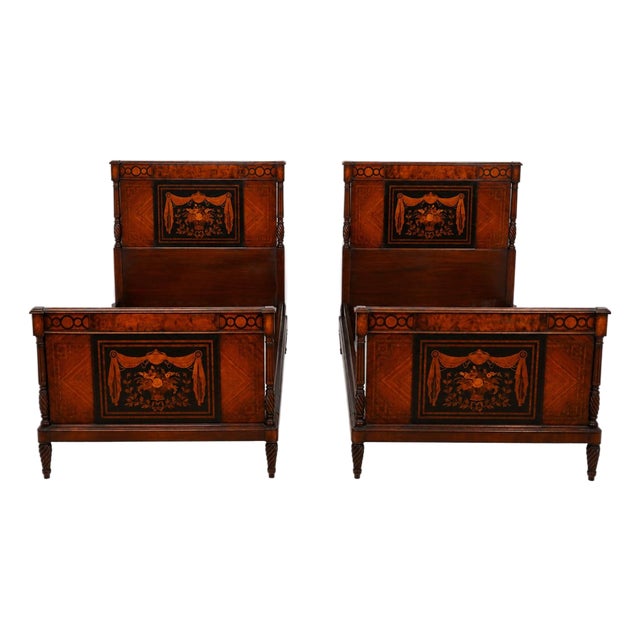 Pair of Inlaid Neoclassical Mahogany Single Beds For Sale