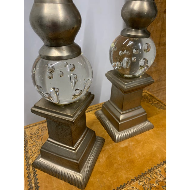 Pair of Late 20th Century Bubble Art Glass & Metal Obelisk For Sale - Image 4 of 5