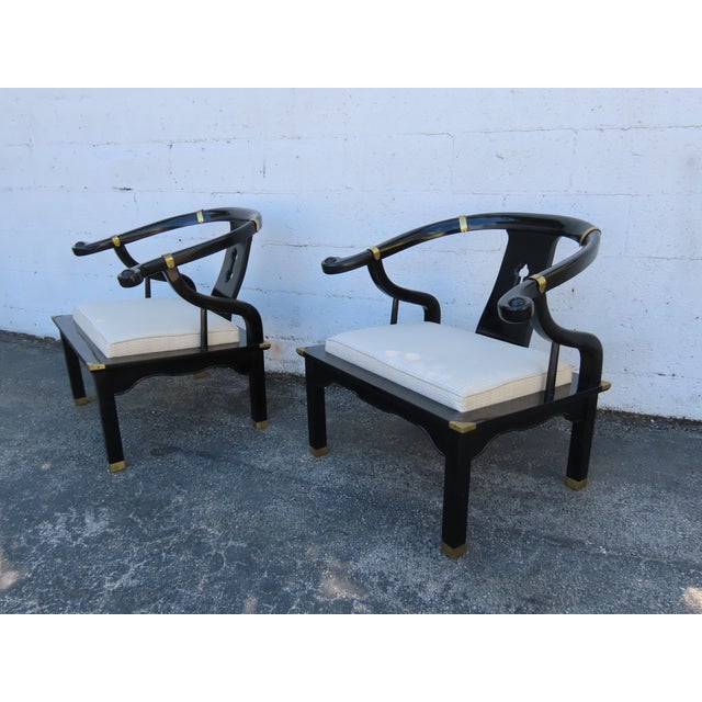 Hollywood Regency Ming Style Painted Black Lounge Side Chairs a Pair 6359 For Sale - Image 11 of 15
