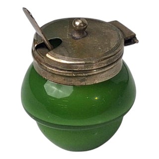 Art Deco, Snuff or Cocaine Lidded Pot, Green Art Glass, Sterling Silver, 1930s For Sale