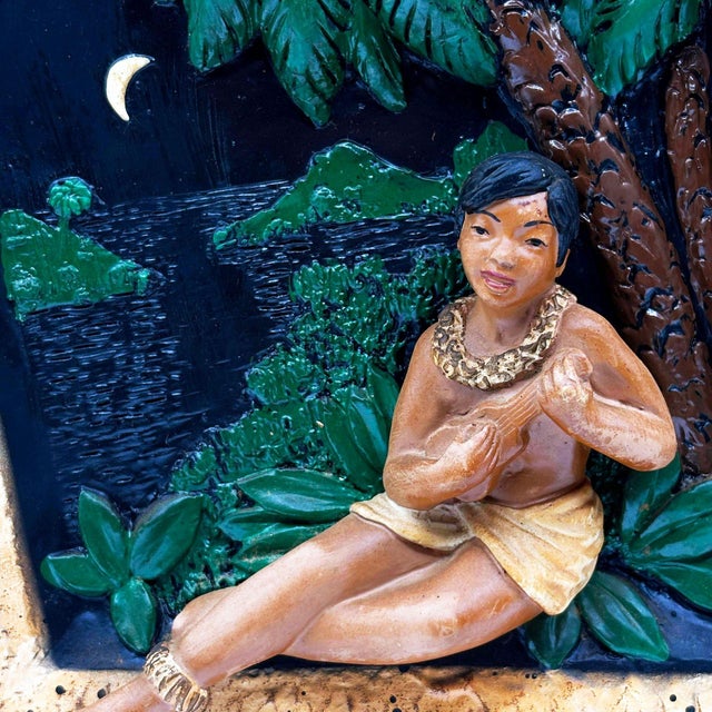 1950s Rare MCM Tropical Hula Girl & Ukulele Boy Art Pottery 3d Wall Sculptural, Pair For Sale - Image 9 of 13