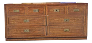 Vintage Campaign Long Dresser or Credenza With Brass Hardware in Henredon Style by Dixie
