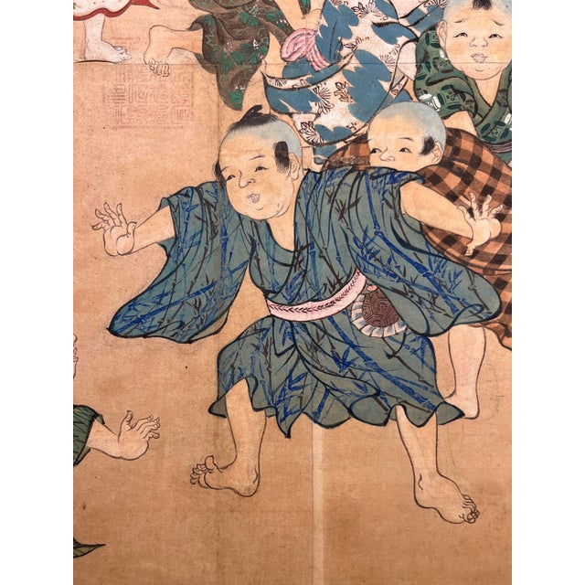 Antique Japanese Painting on Paper Children at Play Silk Trim 31” X 22.5” For Sale In Los Angeles - Image 6 of 10