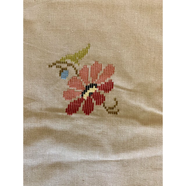 Traditional Vintage Cretan Hand Embroidered Cross Stitch Floral Tablecloth Tan- Ecru Autumnal Linen For Sale - Image 3 of 12