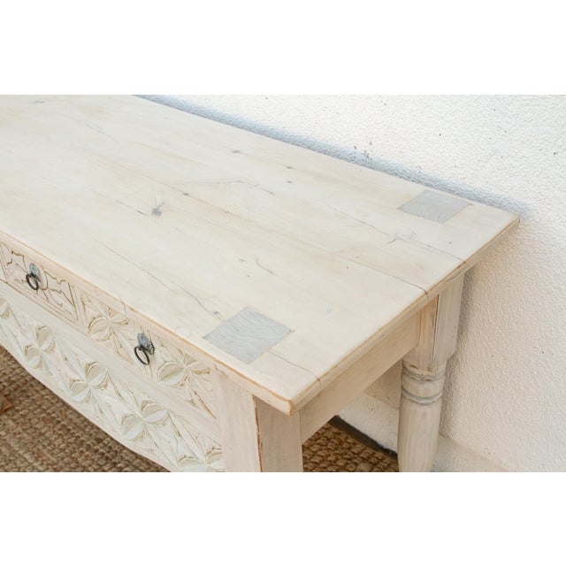 Linen Reclaimed Wood Whitewash Carved Nahuala Console For Sale - Image 8 of 14