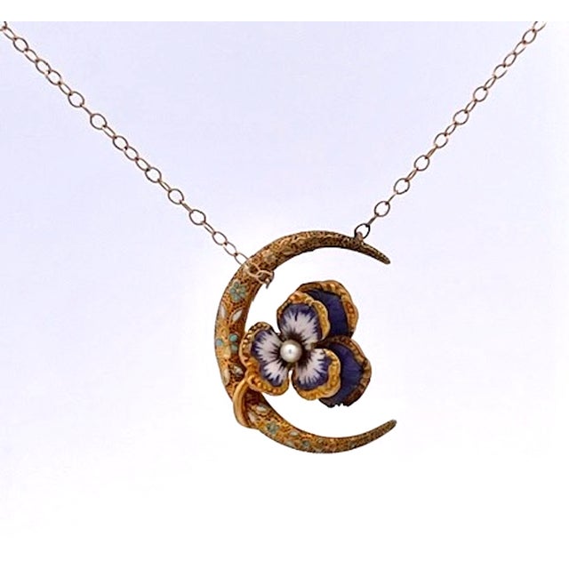 Art Nouveau Art Nouveau Antique Pansy Pendant Necklace With Crescent Moon Design For Sale - Image 3 of 10