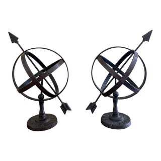 Late 20th Century Pair of Black Iron Armillary Globe Sculptures – Traditional Landscape & Garden Decor For Sale