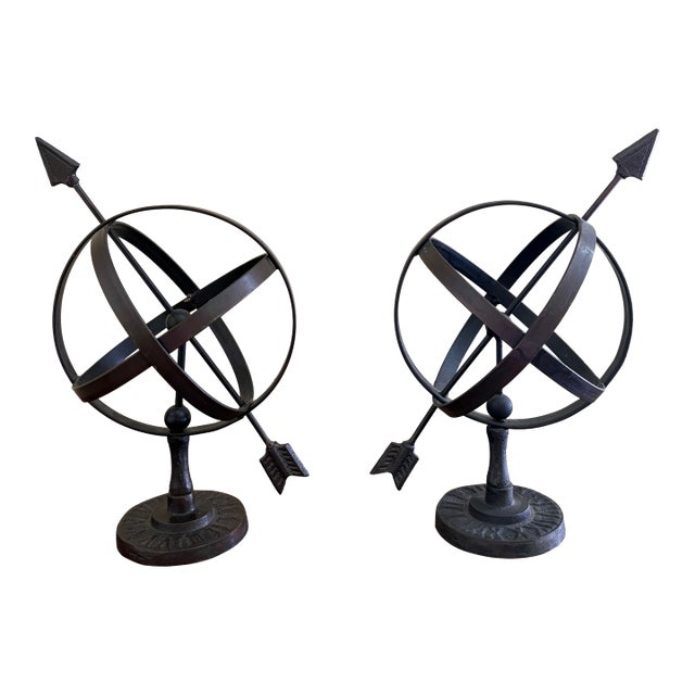 Late 20th Century Pair of Black Iron Armillary Globe Sculptures – Traditional Landscape & Garden Decor For Sale