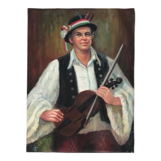 Early 20th Century Original European Violinist Portrait Oil Painting For Sale