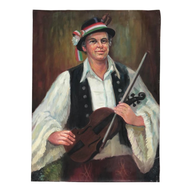 Early 20th Century Original European Violinist Portrait Oil Painting For Sale