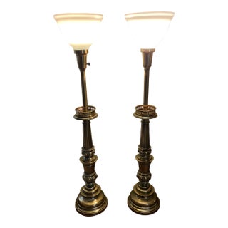 Vintage MCM Stiffel Brass Torchiere Lamps With Diffuser Shades 38" - a Pair For Sale