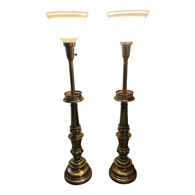Vintage MCM Stiffel Brass Torchiere Lamps With Diffuser Shades 38" - a Pair For Sale