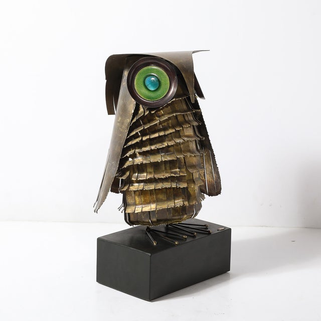 Mid-Century Antiqued Brass & Glass Owl Sculpture Signed Curtis Jere For Sale In New York - Image 6 of 12