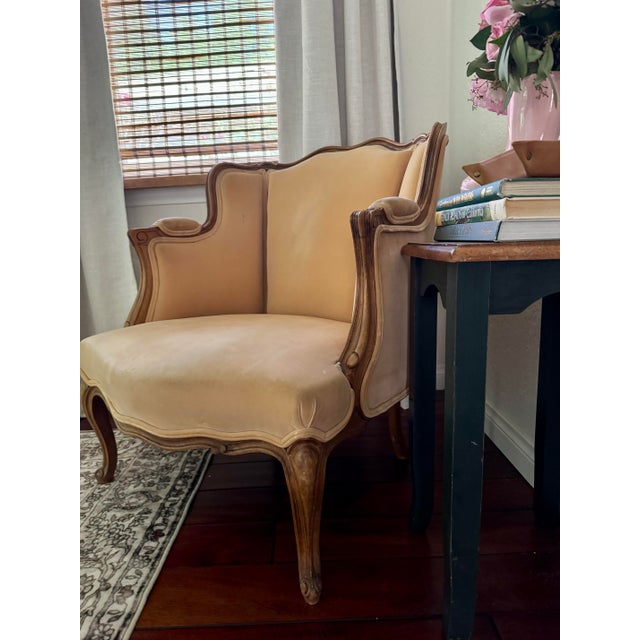 Champagne Vintage French Louis XV Style Wingback Bergère Chair — Carved Wood Frame, Hand-Tied Springs For Sale - Image 8 of 12