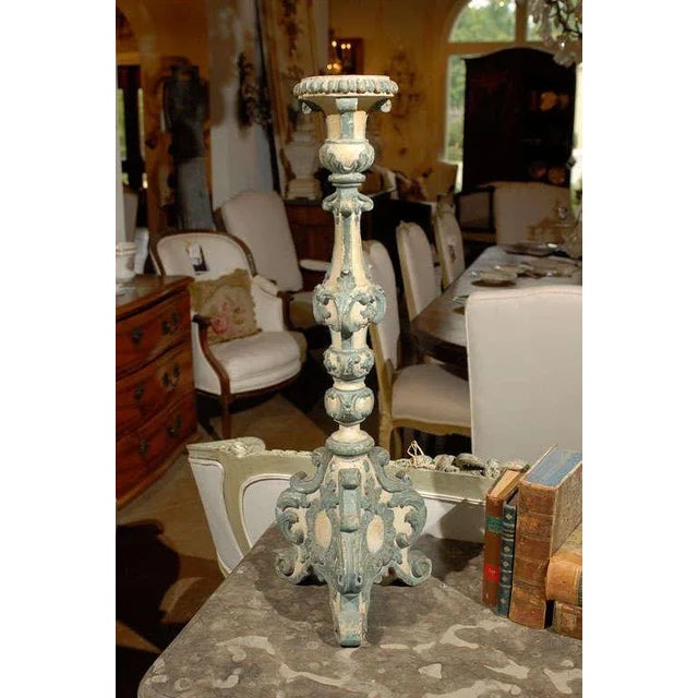 Wood 18th Century Italian Rococo Single Carved Candlestick, Painted with Blue Accents For Sale - Image 7 of 10