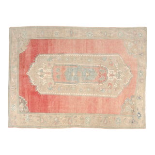 Vintage Turkish Oushak Rug With Pastel Coral Field and Muted Medallion For Sale