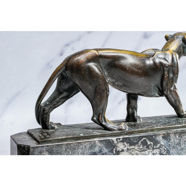 Commanding Art Deco Style Antique Bronze Panther Statue Sculpture Marble Base Luxury Home Decor For Sale - Image 12 of 18