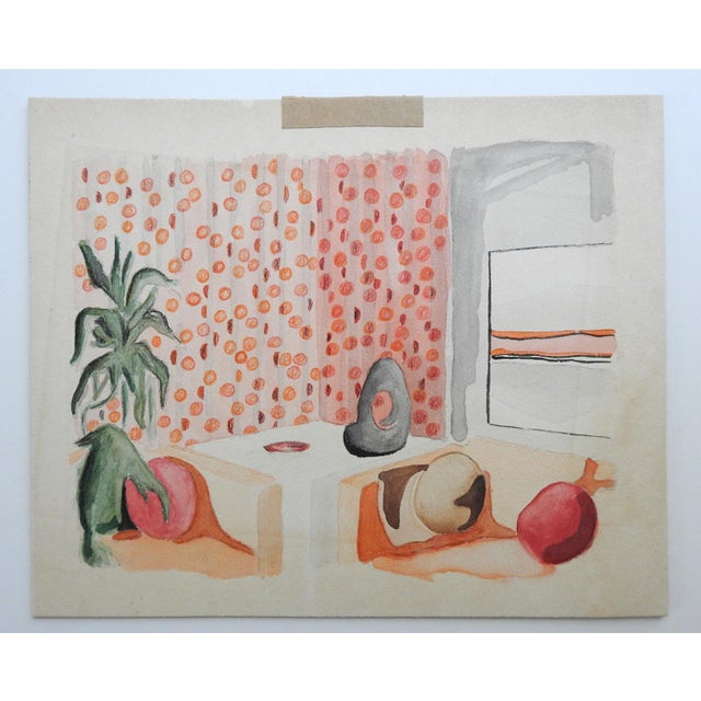 Mid 20th century watercoloron artist board painting of a modern interior in pink and gray. Unsigned. Unframed, age toning,...