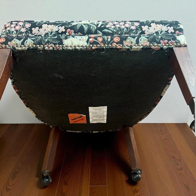 Vintage St. Timothy Hickory Barrel-Back Club Chair on Brass Casters – Floral Tapestry & Nailhead Trim For Sale - Image 4 of 9