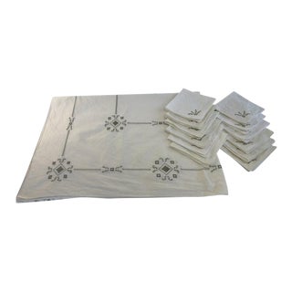 Vintage Italian Cut Work Embroidered Tablecloth and Napkins - Set of 13 For Sale