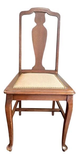 1960s Vintage Queen Anne Mahogany Side Chair, Brass Studs Beige Fabric