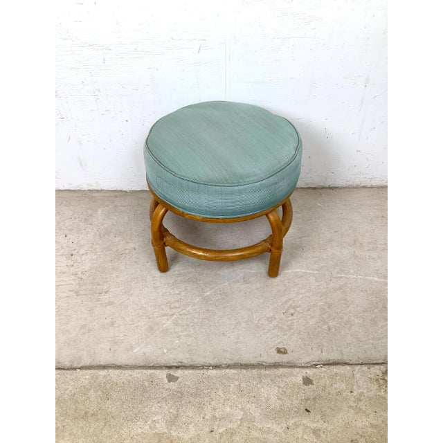 Boho Chic Vintage Rattan Ottoman Footstool in Seafoam Green Upholstery For Sale - Image 3 of 10
