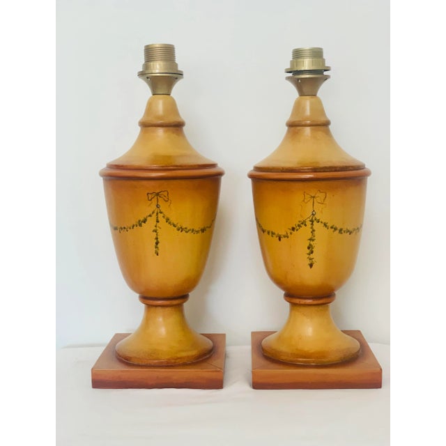 Wood Vintage Italian Hand Decorated Wooden Table Lamps - A Pair For Sale - Image 7 of 7