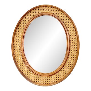 Mid-Century Boho Chic Coastal Syroco Style Faux Cane Oval Wall Mirror. For Sale