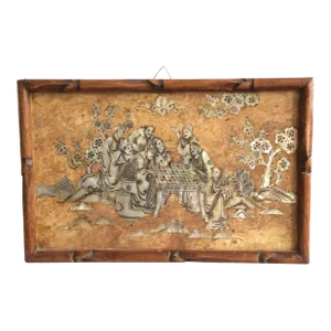 1940s Marble & Mother Of Pearl Inlayed Asian Scene In Carved Faux Bamboo Frame