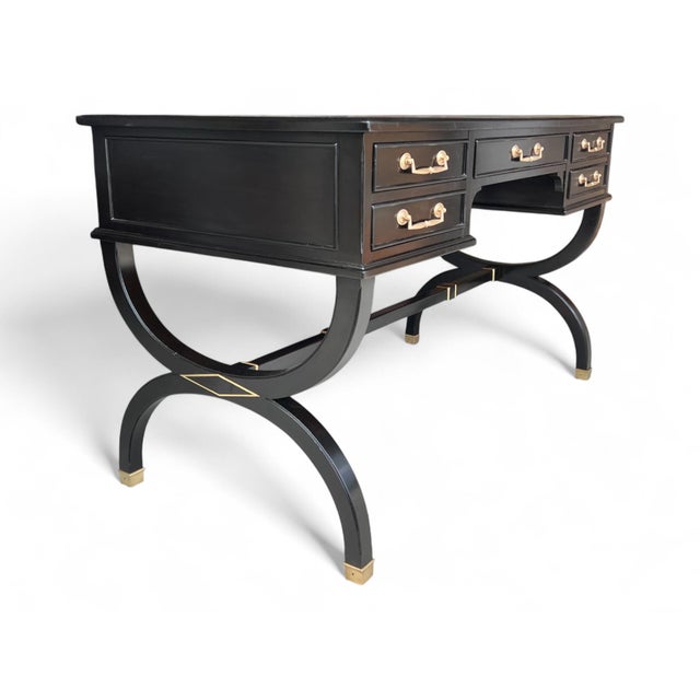 Wood Vintage Hollywood Regency Style Ebonized Desk With Green Leather Top and Brass Details For Sale - Image 7 of 15