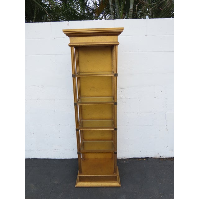 Hollywood Regency Tall Narrow Distressed Gold Display Shelf Cabinet 6661 For Sale - Image 12 of 15