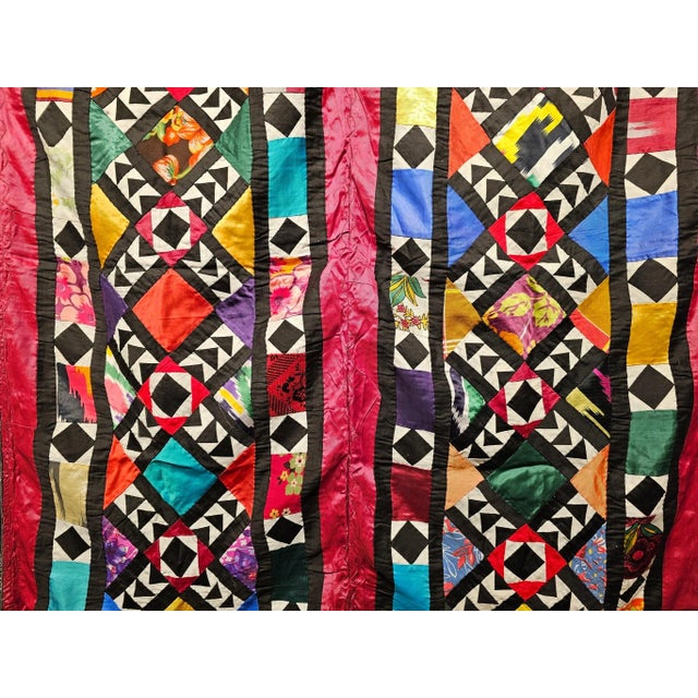 Red Vintage Uzbek Quilt, Hand-Stitched Silk, Geometric Pattern, Red & Turquoise, 39” X 73” For Sale - Image 8 of 12